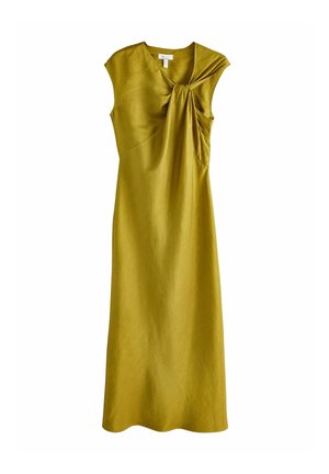 Robe midi sans manches jaune moutarde avec un col en V et un détail noué à l'épaule droite.