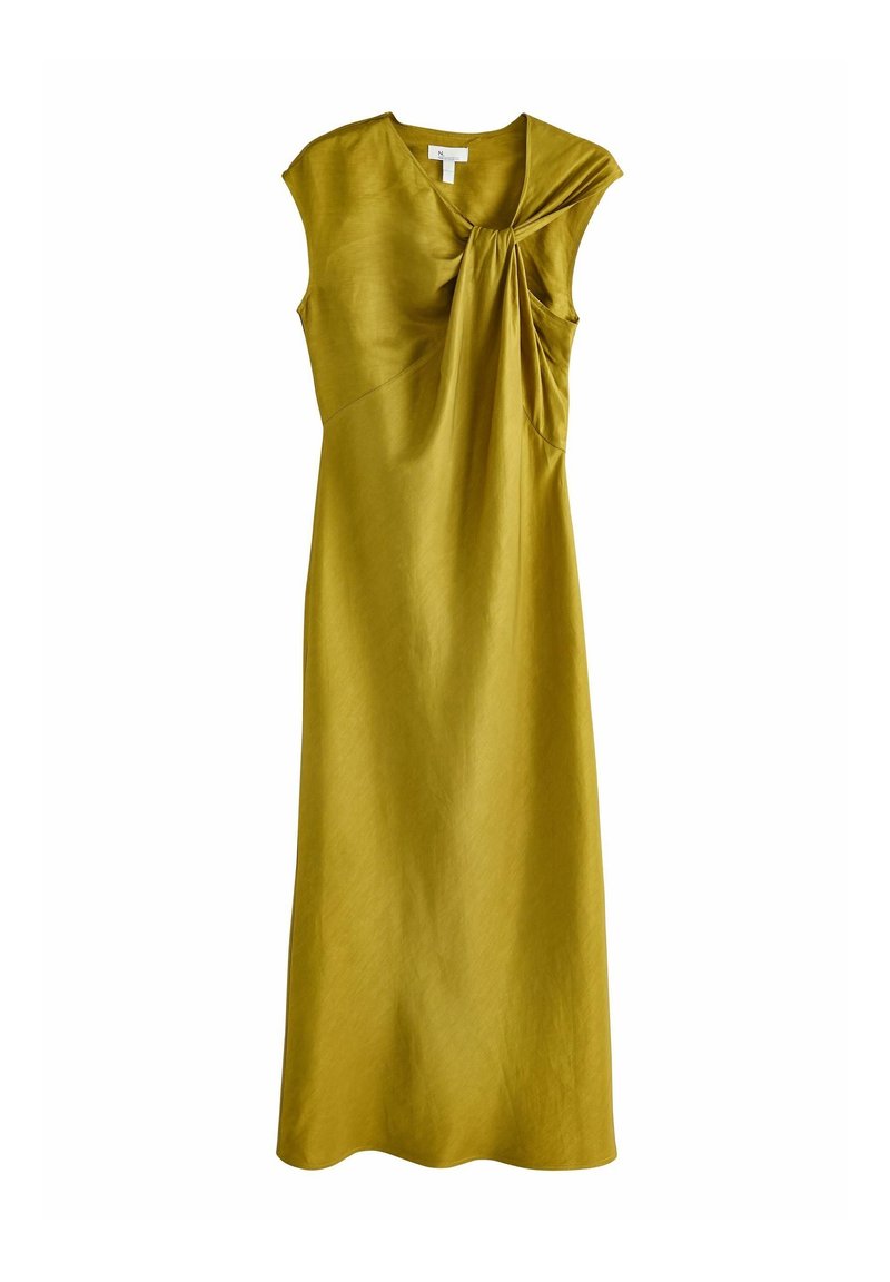 Robe midi sans manches jaune moutarde avec un col en V et un détail noué à l'épaule droite.
