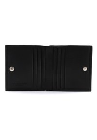 Zwarte leren portemonnee met meerdere kaarten compartments, drukknoopsluiting en een gladde textuur. Interior is georganiseerd met een minimalistisch ontwerp.