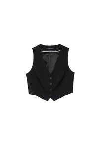 Gilet nero con scollatura a V profonda, caratterizzato da sei bottoni sul davanti, design strutturato e rivestimento interno morbido. Forma classica e sartoriale.