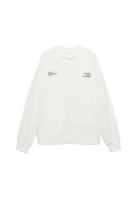 White sweatshirt with a crew neck, long sleeves, and ribbed hem. Features blue text: "DON'T OVERTHINK IT" and "FOLLOW YOUR INTUITION."