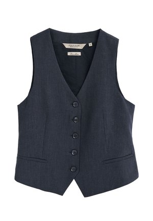 Mørkegrå vest i hørblanding uden ærmer med fem knapper foran, to smalle lommer og V-hals krave, mærket Polo Club Regular Fit, størrelse small.