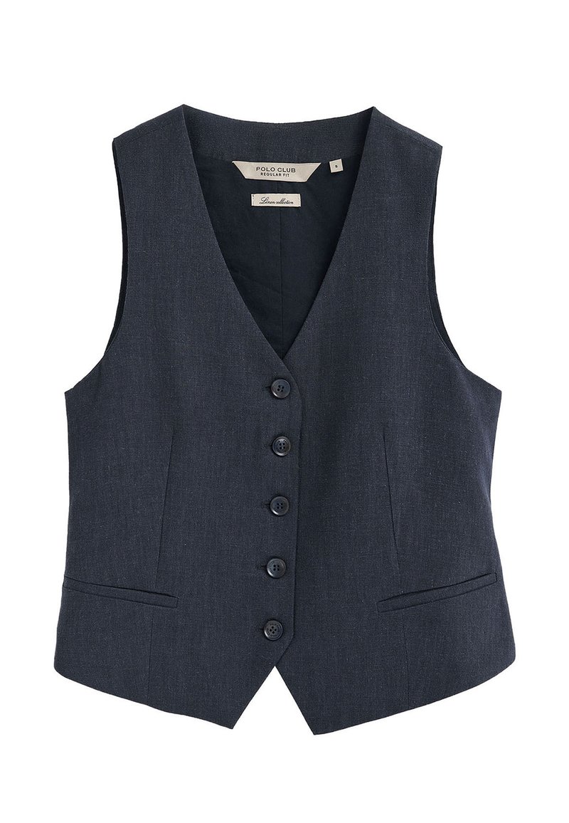 Ciemnoszara kamizelka bez rękawów z mieszanki lnu z pięcioma guzikami z przodu, dwoma wąskimi kieszeniami i kołnierzem w kształcie litery V, oznaczona jako Polo Club Regular Fit, rozmiar mały.