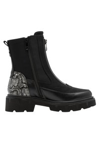 Bottines noires avec un accent en cuir serpent texturé, en cuir brillant, et une semelle épaisse ; elles disposent de fermetures à double zip sur les côtés.