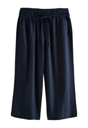 Pantalones anchos de pierna corta azul marino con cintura elástica y cordón frontal, con bolsillos laterales y tela ligera.