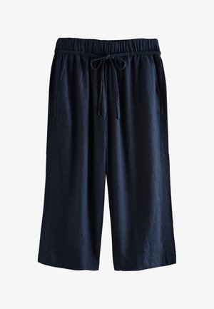Pantaloni corti a gamba larga blu navy con vita elastica e coulisse frontale, con tasche laterali e tessuto leggero.