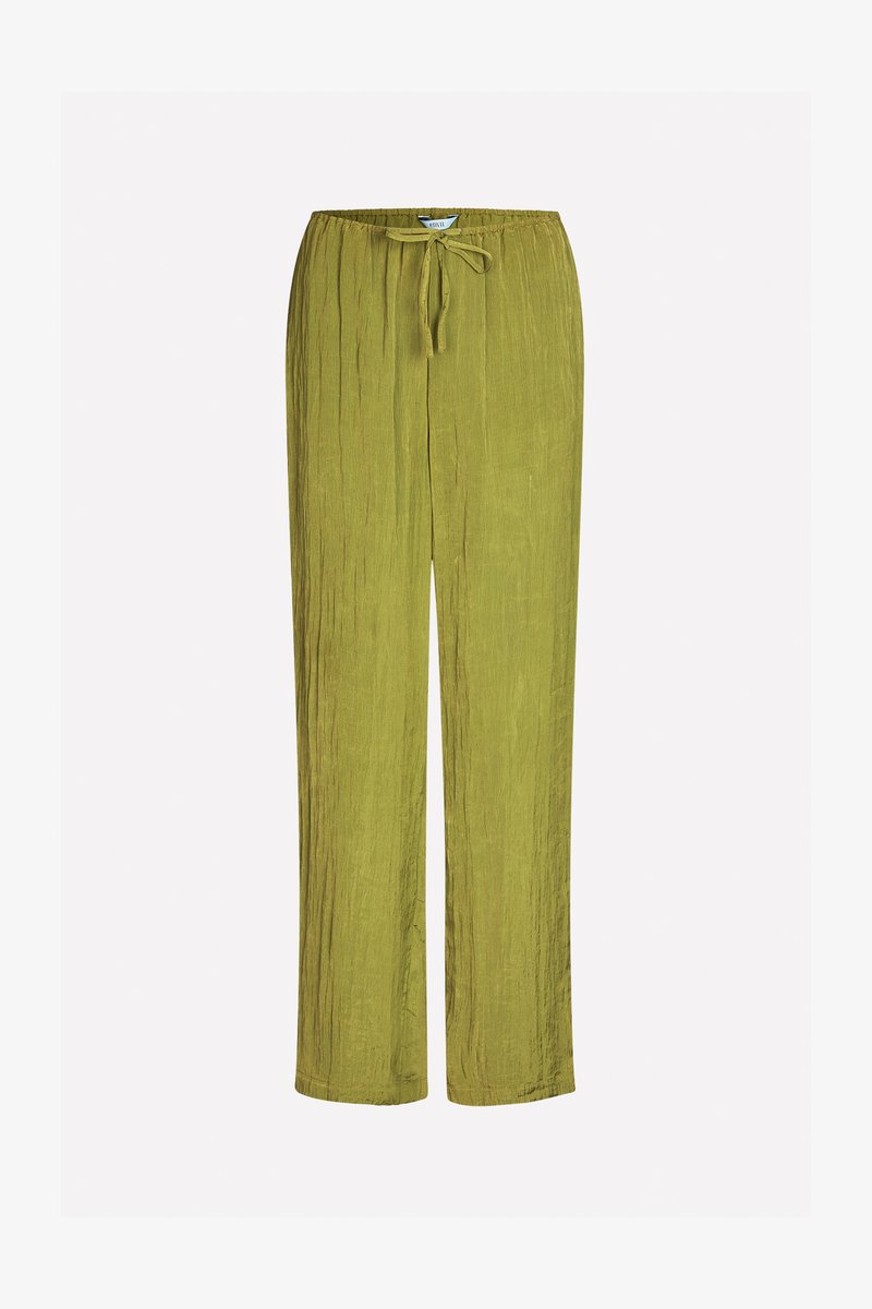 Pantalons légers de couleur vert clair, avec une taille à cordon de serrage, des jambes larges et une finition texturée arborant des lignes verticales tout au long.