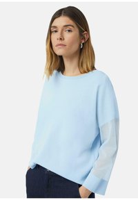 Lichtblauwe sweatshirt met een zachte textuur, voorzien van lange doorschijnende mouwen en een ronde halsontwerp. Het lichaam is effen blauw, met minimale stiksels.