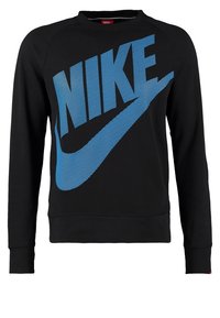 Černá mikina ze 100% bavlny s modrým logem Nike na přední straně. Design má kulatý výstřih a žebrované manžety.