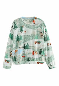 Bawełnowa bluza z kapturem w jasnoszarym kolorze z nadrukiem przedstawiającym zimową scenerię, w tym drzewa, zwierzęta oraz aktywności takie jak narty i sanki.