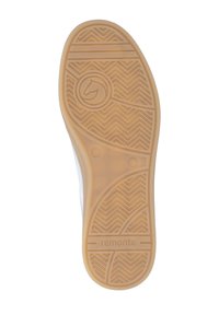 Gummisneaker-Außensohle in Beige mit Fischgrätmuster, versehen mit einem Logo und Größenangabe, entworfen für Grip und Langlebigkeit.