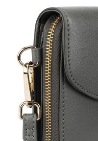 Gray leather bag detailing a gold zipper with matching hardware, textured fabric accents, and a stitched leather strap attachment.