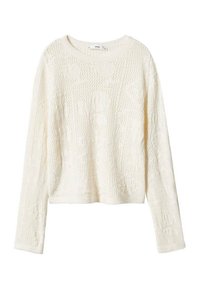 Lichtcrème gebreide trui met lange mouwen, ronde halslijn en textuurpatronen. Casual fit, zacht materiaal, geen zichtbare sluitingen.