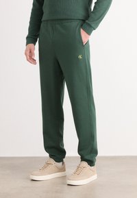 Grønne joggebukser laget av mykt stoff, med elastisk liv, side lommer og en liten gull-logo på låret.