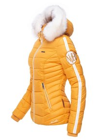 Gul puffy jakke med en faux fur hætte, lodret syning, hvide sidestriber, lynlåslommer og et rundt logo-patch på ærmet.
