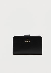 Black leather wallet with a textured finish, featuring a front clasp and a gold logo accent. Rectangular shape with rounded edges.