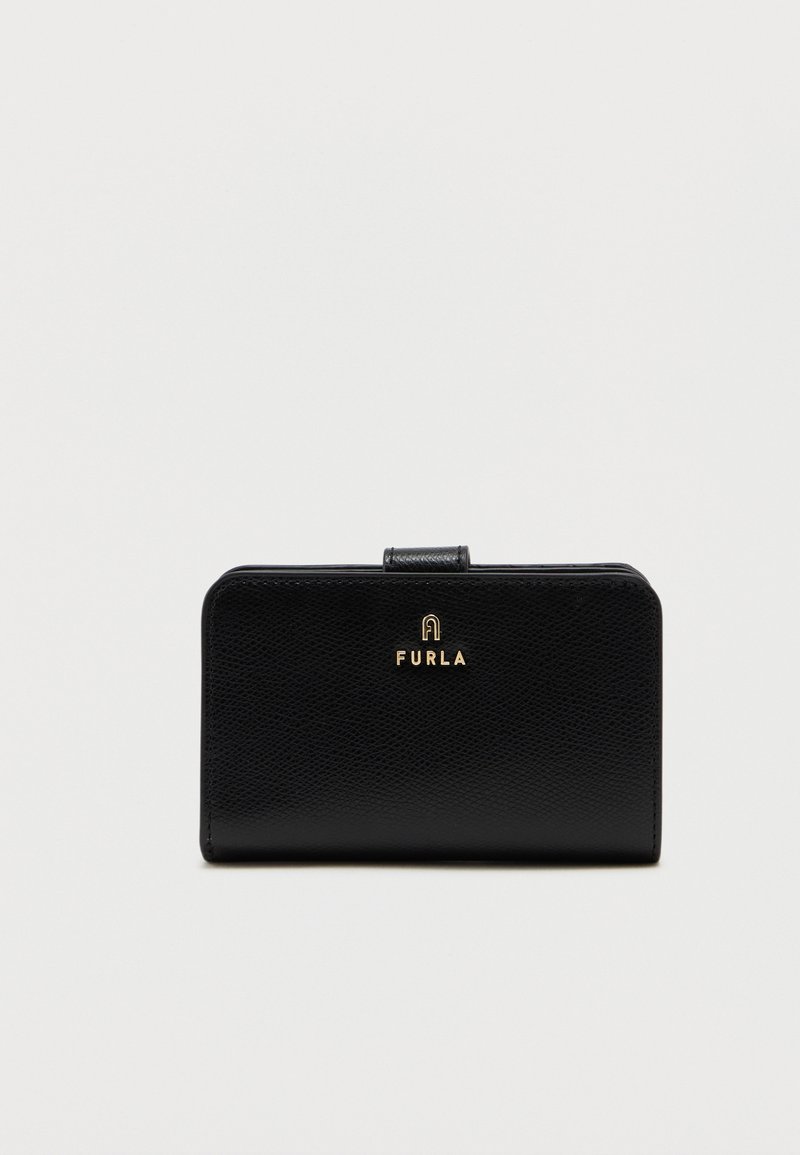 Black leather wallet with a textured finish, featuring a front clasp and a gold logo accent. Rectangular shape with rounded edges.