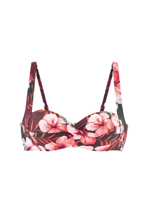 Bra with padded cups and adjustable straps, featuring a red and pink tropical floral pattern on dark green background.