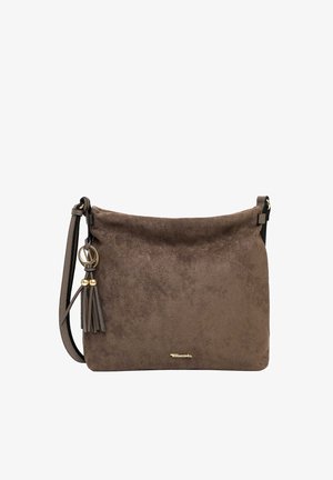 Borsa a tracolla in camoscio marrone con tracolla regolabile e nappine decorative, caratterizzata da un piccolo logo del marchio dorato sul davanti.