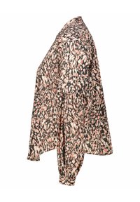 Blouse à manches longues en tissu léger avec un motif abstrait noir, rose et blanc, dotée d'une coupe décontractée et de poignets froncés.