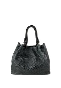 Black woven leather handbag with two black handles, soft texture, and a slouchy shape. Features a simple design with no visible accents or hardware.