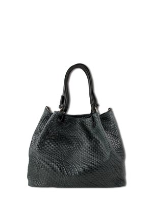 Zwarte geweven leren handtas met twee zwarte handvatten, zachte textuur en een slappige vorm. Kenmerkt zich door een eenvoudig ontwerp zonder zichtbare accenten of hardware.