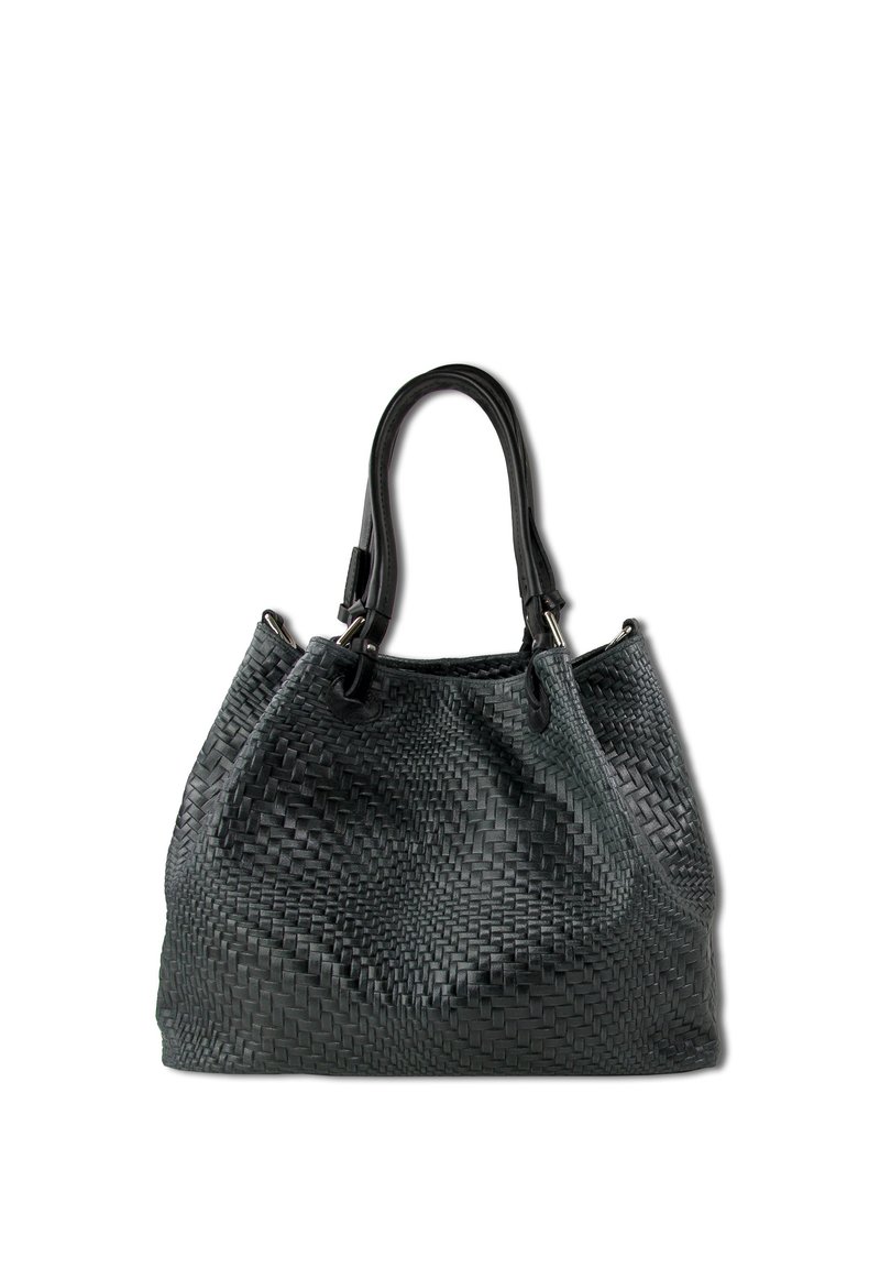Black woven leather handbag with two black handles, soft texture, and a slouchy shape. Features a simple design with no visible accents or hardware.