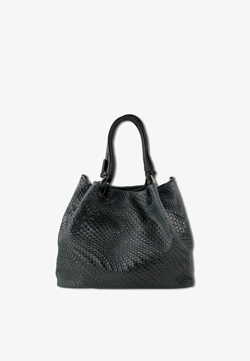 Schwarze geflochtene Lederhandtasche mit zwei schwarzen Griffen, weicher Textur und lässiger Form. Verfügt über ein einfaches Design ohne sichtbare Akzente oder Beschläge.