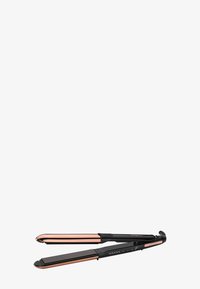 Fer à lisser noir avec des accents dorés rose. Présente un design élégant, des plaques plates et un panneau de contrôle de température réglable.