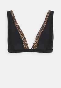 Svart bikinitopp med en dyp V-hals-design, med leopardmønstrete detaljer på skuldrene og en glatt stofftekstur.