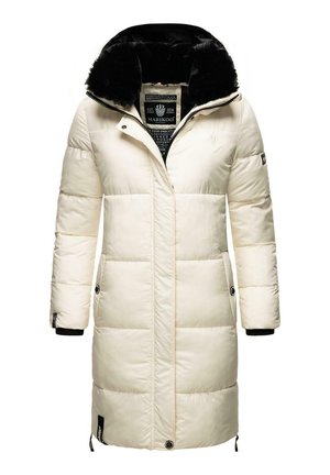 Cream puffer coat with a faux fur collar, front zipper, and snap closures, featuring a boxy shape and horizontal quilted texture.
