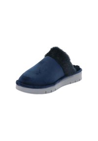 Zapatilla deslizante de color azul marino con un suave dobladillo de piel sintética, material superior blando y suela de goma gris con surcos texturizados para un mejor agarre.