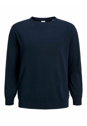 Mornja plava pamučna dukserica s dugim rukavima, okruglim izrezom i rebrastim manžetama i rubom. Glatka tekstura, bez uzoraka ili vidljivih metalnih dijelova.
