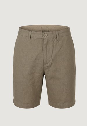 Herre beige knælange linnedshorts med knaplukning og bæltestropper, forreste flade lommer og skræddersyet pasform.