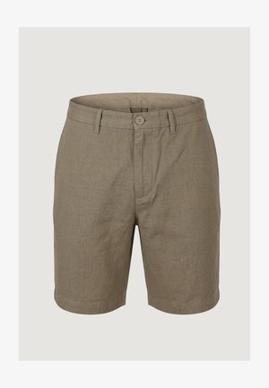 Herre beige knælange linnedshorts med knaplukning og bæltestropper, forreste flade lommer og skræddersyet pasform.