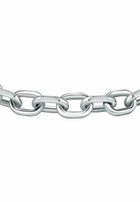 Catena in metallo argentato con anelli ovali allungati, finitura lucida, texture liscia e spaziatura uniforme tra i collegamenti.