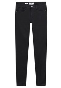 Jean noir slim avec bouton et fermeture éclair à l'avant, poches avant et poche monnaie, et passants de ceinture, posé à plat sur un fond blanc.