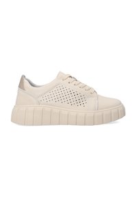 Beige Leder Sneaker mit perforiertem Muster, runder Zehenpartie, strukturiertem Plattformsohle und Schnürsenkelschluss. Flache Schnürsenkel und gepolsterte Schuhkragen.