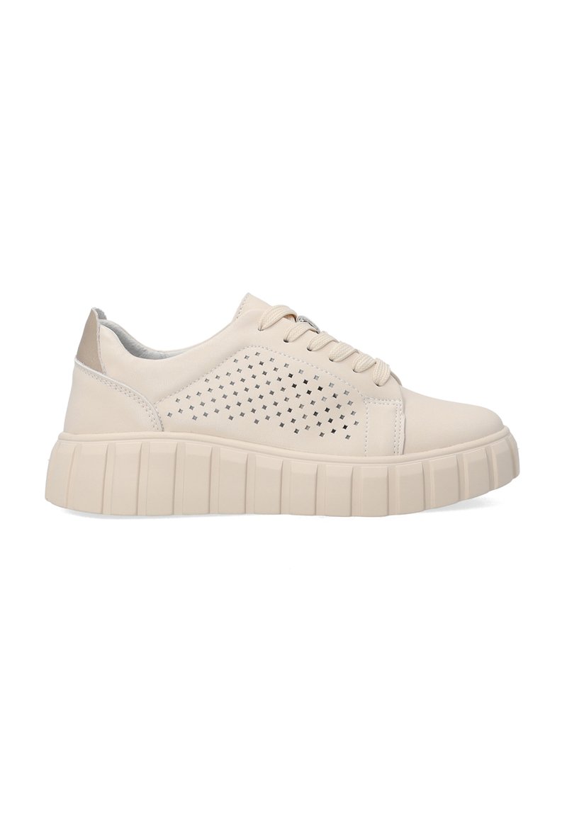Beige Leder Sneaker mit perforiertem Muster, runder Zehenpartie, strukturiertem Plattformsohle und Schnürsenkelschluss. Flache Schnürsenkel und gepolsterte Schuhkragen.