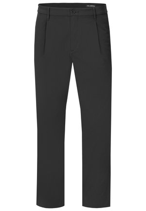 Schwarze, maßgeschneiderte Herrenhose mit Knopf und Gürtelschlaufen, mit vorderen Falten und Seitentaschen, auf weißem Hintergrund dargestellt.
