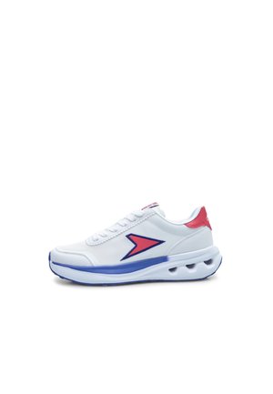 White sneakers with a smooth, textured upper, red accents, blue midsole, and a prominent red arrow logo on the side. Features lace-up design.