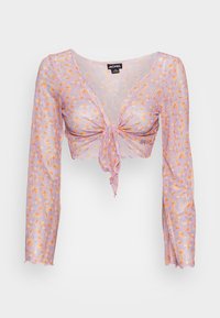 Przezroczysty liliowy top w formie krótka bluzka z długim rękawem z pomarańczowym nadrukiem kwiatowym, z węzłem na przedzie i falbaniastymi brzegami.