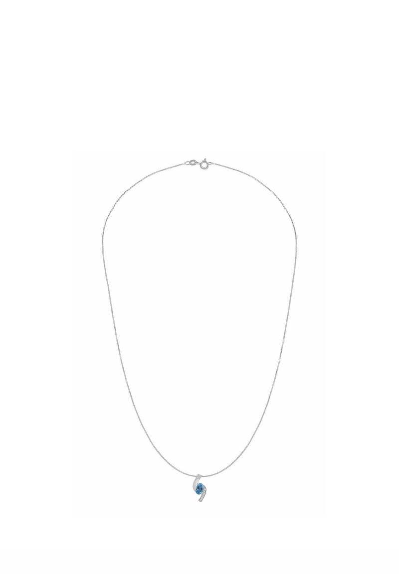 Srebrny naszyjnik z łańcuszkiem i niebieskim kamieniem szlachetnym w zawieszce, charakteryzujący się gładkim, zakrzywionym wzorem oraz zapięciem.