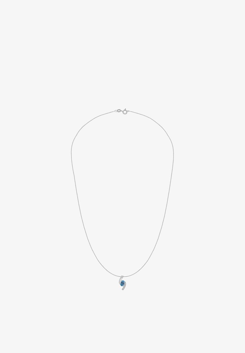 Srebrny naszyjnik z łańcuszkiem i niebieskim kamieniem szlachetnym w zawieszce, charakteryzujący się gładkim, zakrzywionym wzorem oraz zapięciem.