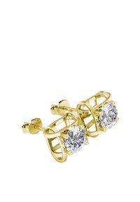 Goudkleurige metalen studs met ronde cubic zirconia stenen, een verfijnd verstrengeld ontwerp en een veilige postback sluiting.