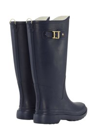 Námořnické gumové deštné boty s kulatou špičkou, zlatým detailem s přezkou, texturovanou podrážkou a hladkým povrchem. Výška do půli lýtek se slabým leskem.