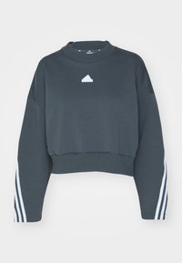 Mörkgrå, kortad sweatshirt med hög halsringning, som har en liten vit logotyp i mitten och vita ränder på ärmarna.
