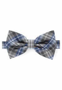 Muchy wykonana z tkaniny w czarno-biało-niebieską kratę, o klasycznym kształcie motyla i teksturowanym wykończeniu.