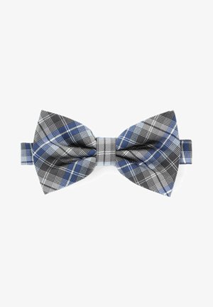 Muchy wykonana z tkaniny w czarno-biało-niebieską kratę, o klasycznym kształcie motyla i teksturowanym wykończeniu.