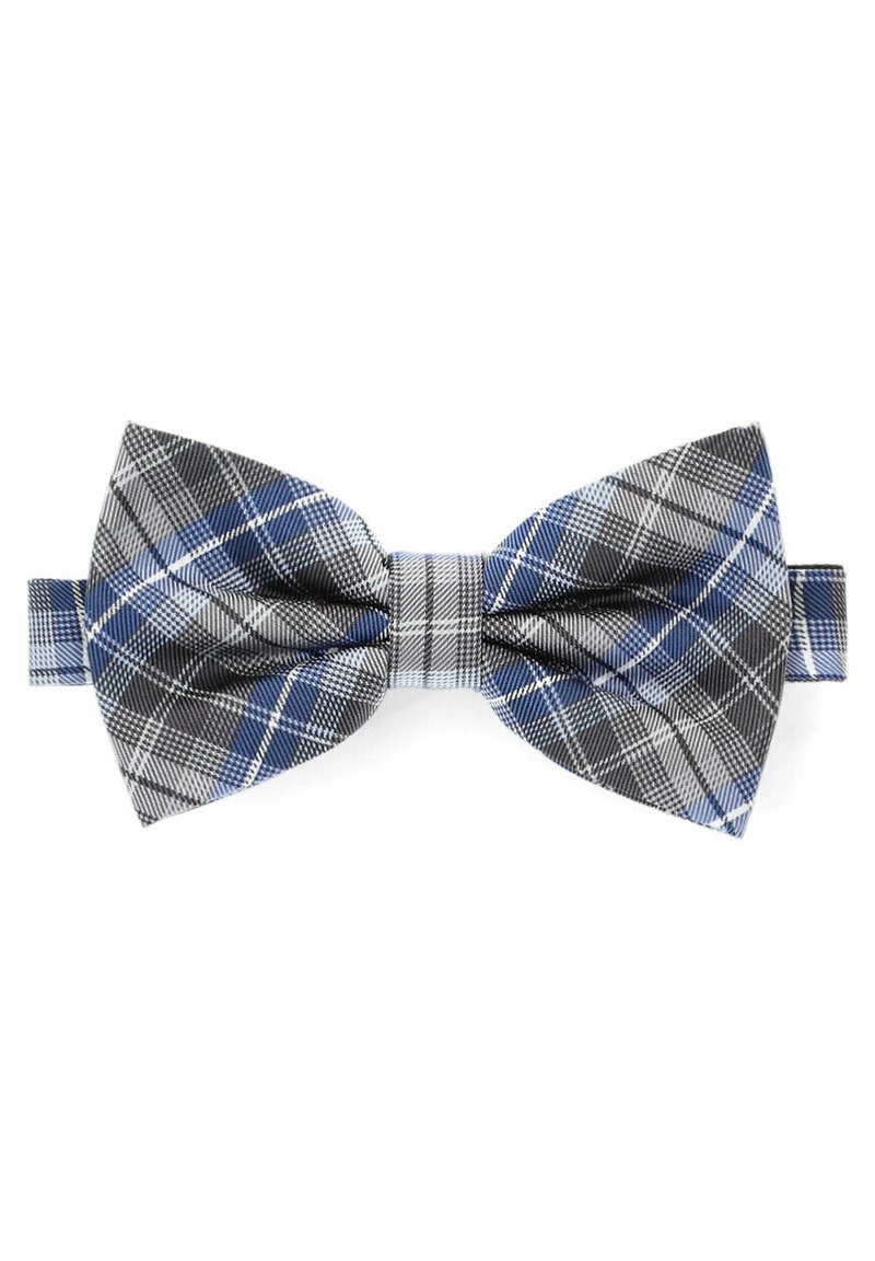 Muchy wykonana z tkaniny w czarno-biało-niebieską kratę, o klasycznym kształcie motyla i teksturowanym wykończeniu.